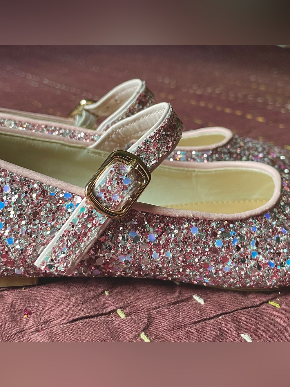 Crewcuts Pink Glitter Mary Jane Shoes with Gold Buckle